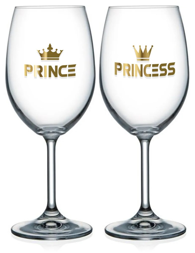 Set 2 calici vino 440 ml in vetro scritta Prince e Princess