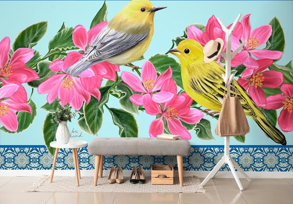 Carta da parati – Uccellini e fiori in stile vintage