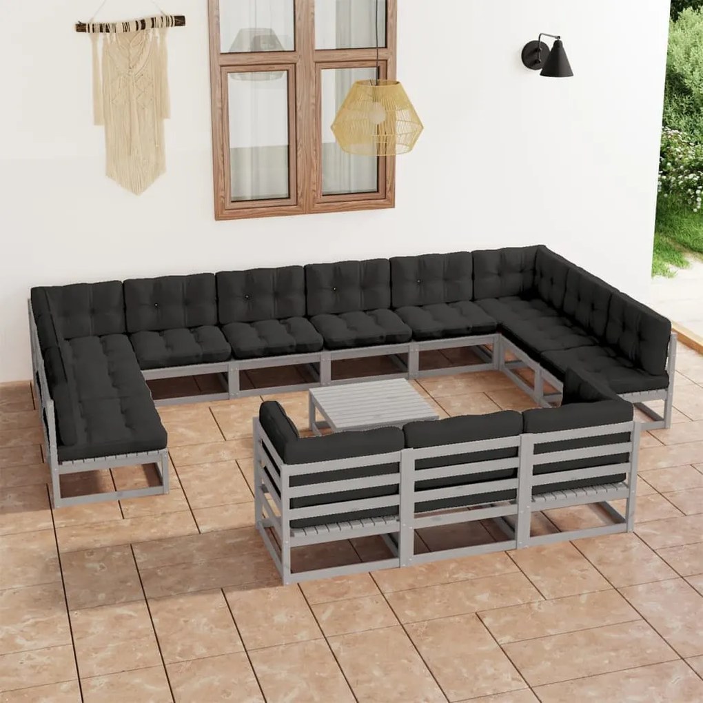 Set divani da giardino 14pz con cuscini grigio massello di pino