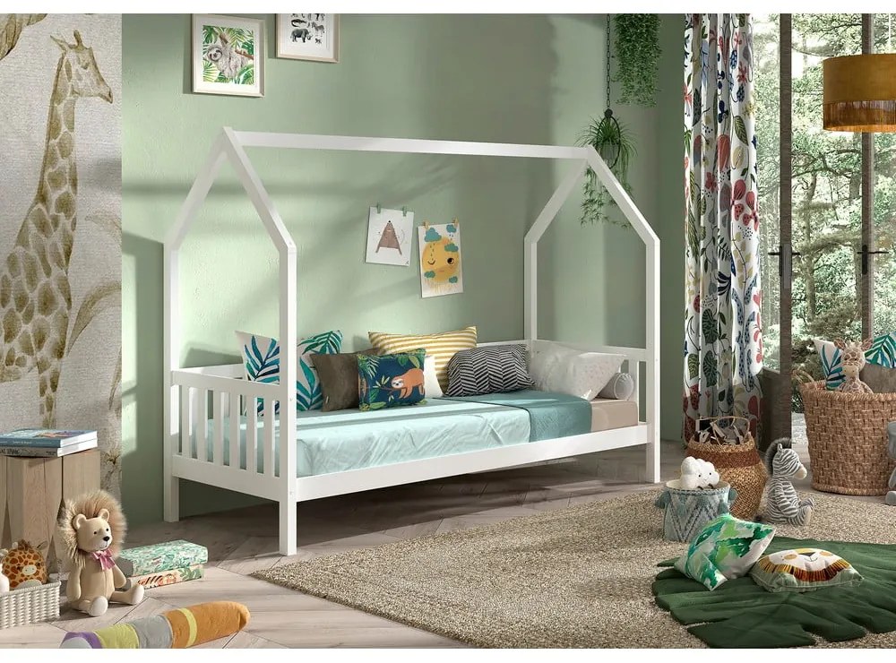 Letto da bambini a forma di casa bianco in pino massiccio con rete inclusa 90x200 cm Cabane – Vipack