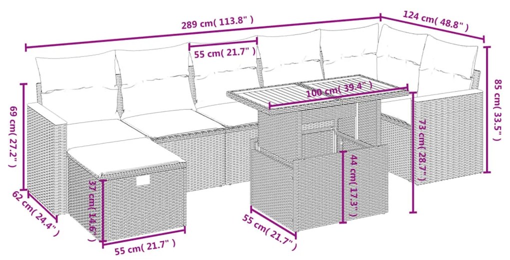 Set divani da giardino con cuscini 8 pz nero in polyrattan