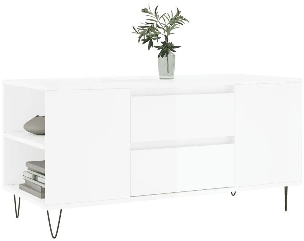 Tavolino Salotto Bianco Lucido 102x44,5x50 cm Legno Multistrato