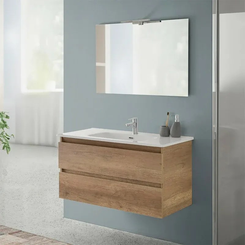 Mobile bagno sospeso 100 cm rovere naturale completo con lavabo Nadia