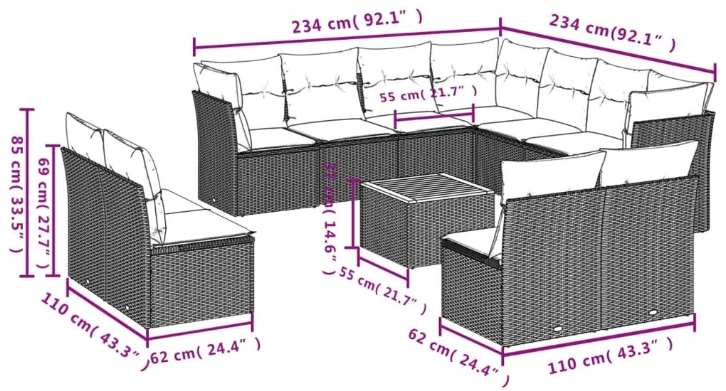 Set Divano da Giardino 12 pz con Cuscini Beige Misto Polyrattan