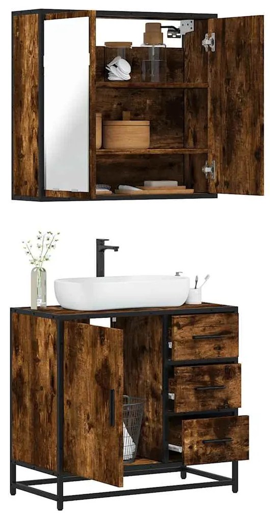 Set Mobili Da Bagno 2 Pz Rovere Fumo İn Legno Multistrato /