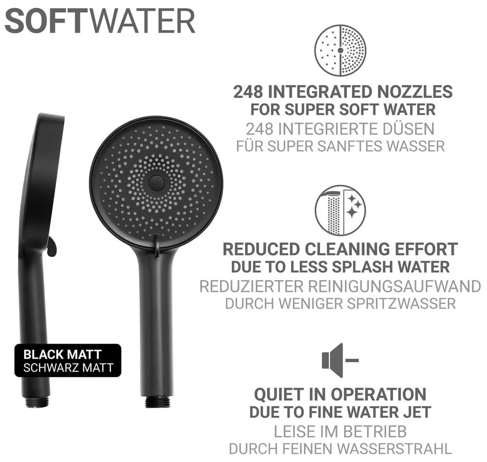 Soffione per doccia nero opaco in plastica ø 12 cm Softwater – Wenko