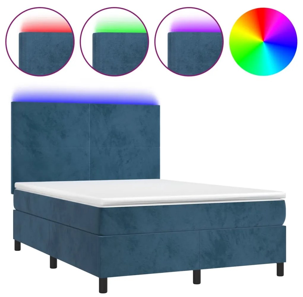 Letto a molle con materasso e led blu scuro 140x200 cm