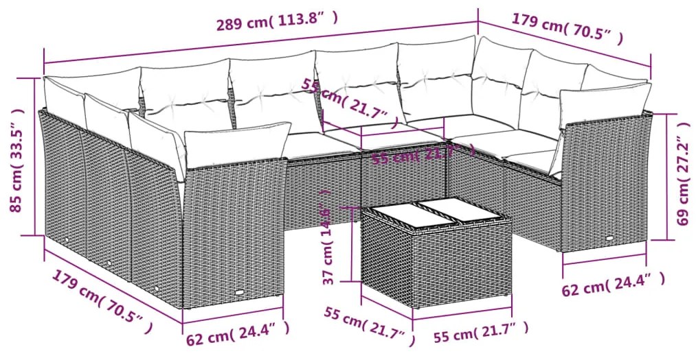 Set divano da giardino 10 pz con cuscini grigio in polyrattan