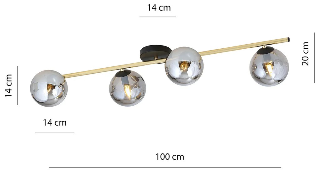 Plafoniera Contemporanea 4 Luci Eracle In Acciaio Oro/Nero E Sfere Vetro Fumè