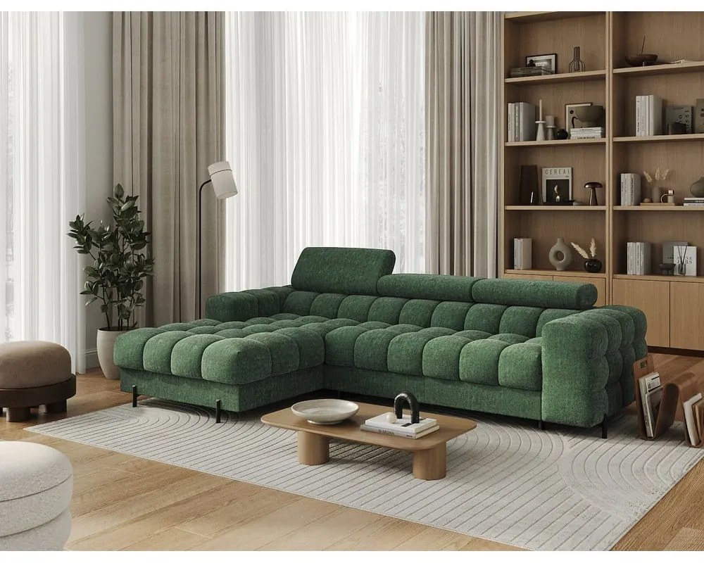 Divano angolare verde allungabile/con contenitore (con penisola a sinistra/con chaise lounge) con rivestimento in bouclé Felro – ELTAP