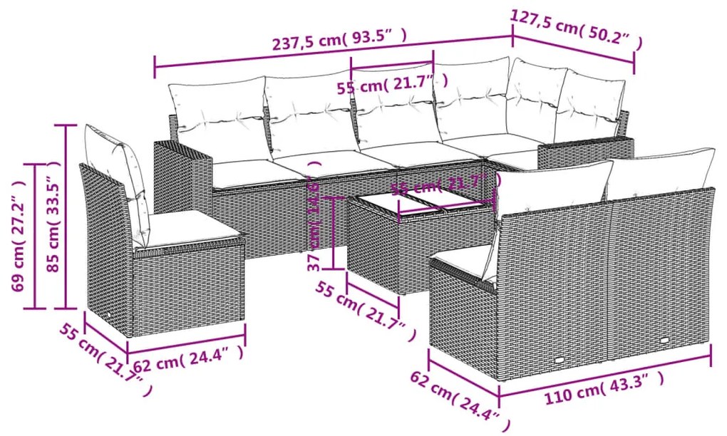 Set divani da giardino 9 pz con cuscini nero in polyrattan