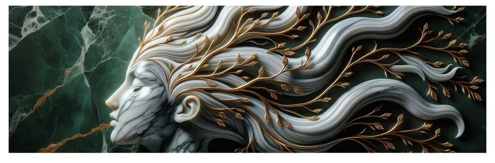 Quadro su tela – Donna unita alla natura con foglie dorate
