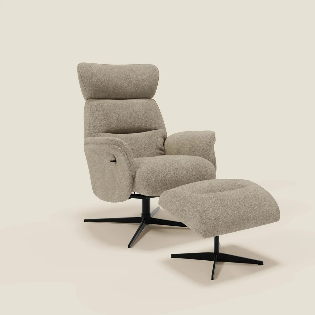 Lunor Poltrona relax reclinabile con pouf poggia-piedi in tessuto bouclé impermeabile T07 beige