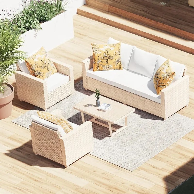 Salotto da giardino Medena NATERIAL in rattan sintetico beige con cuscini in poliestere bianco per 5 persone