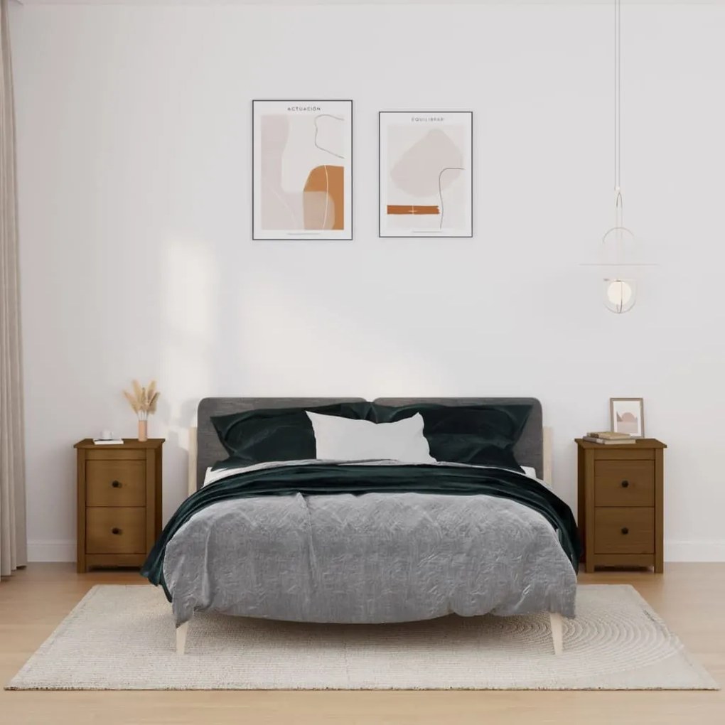 Comodini 2 Pz Ambra 40x35x61,5 Cm İn Legno Massello Di Pino /