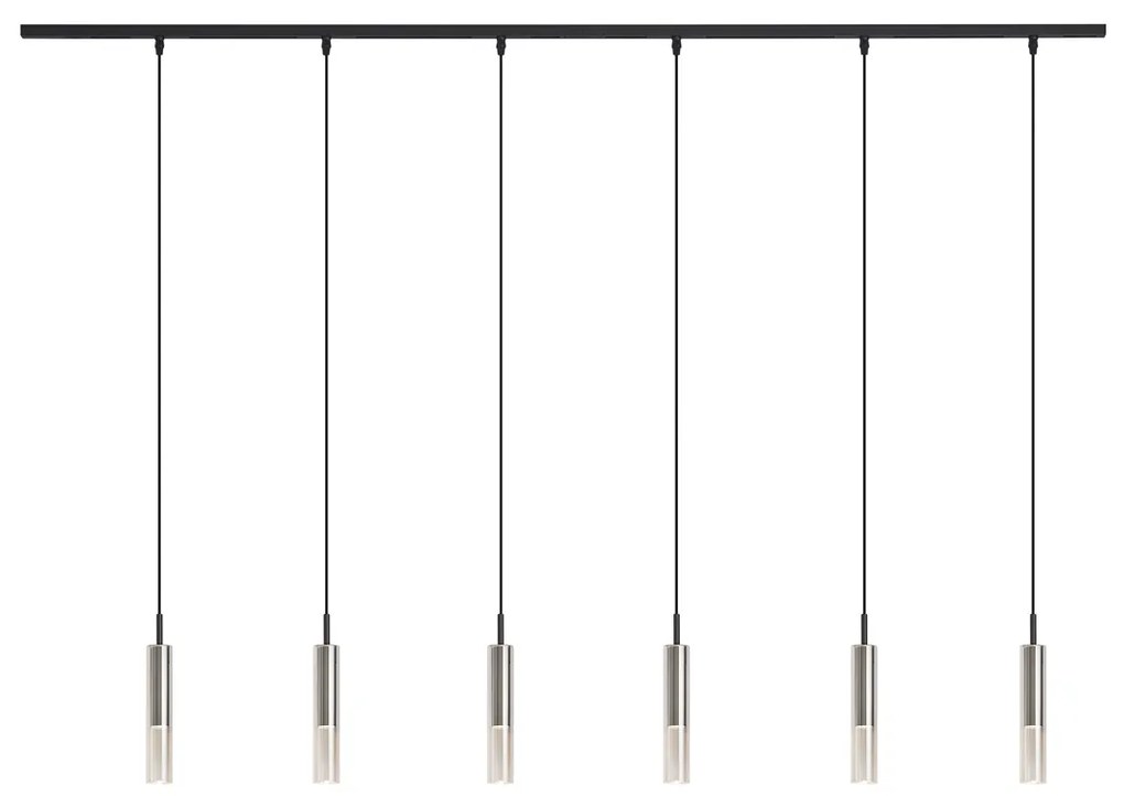 Sistema di illuminazione a binario moderno nero con 6 lampade a sospensione nere con vetro fumé 1 fase - Slimline Loyce