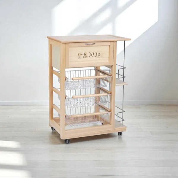 Carrello portapane con portabottiglie e cesti portafrutta Naturale