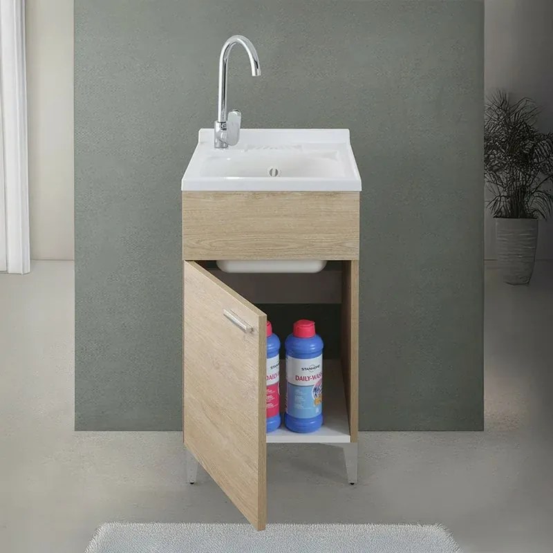 Mobile lavatoio 45x50 cm rovere con vasca in resina e asse lavapanni