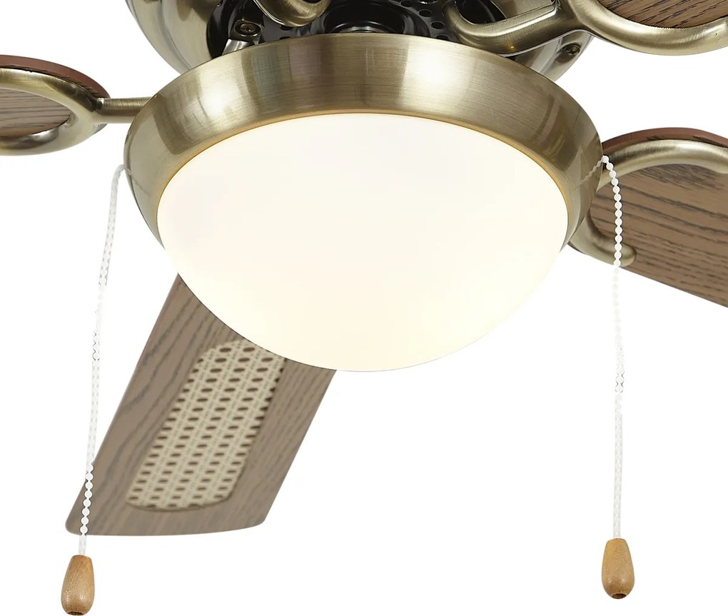 Ventilatore da soffitto ottone con stampa legno e rattan 105 cm con interruttore a tirante - Mistral Majas