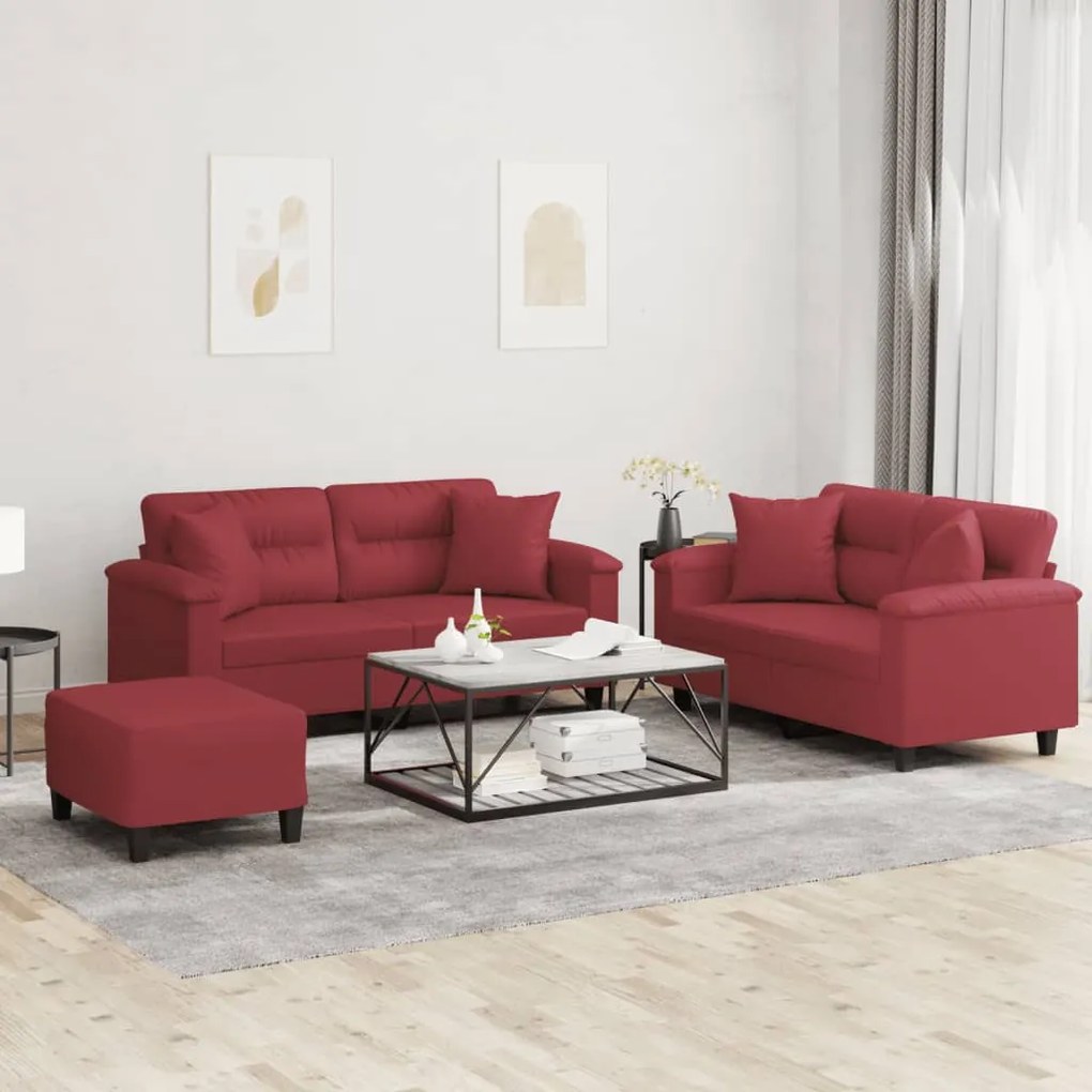 Set Di Divani 3 Pz Con Cuscini Rosso Vino İn Similpelle /
