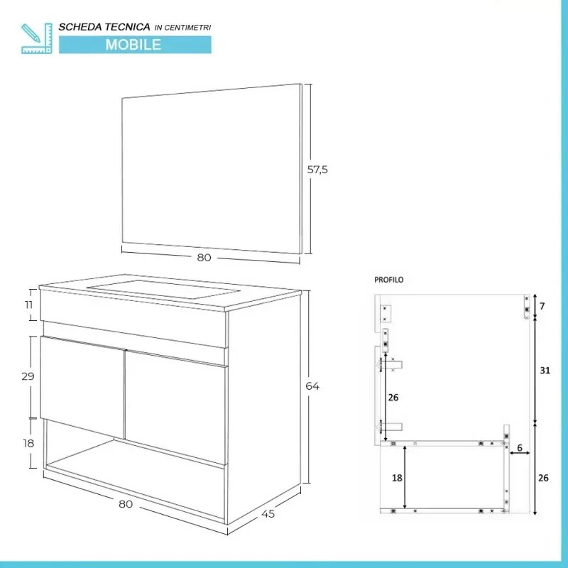 Mobile bagno sospeso 80 cm 2 ante serie Oasi rovere con specchio e lavabo