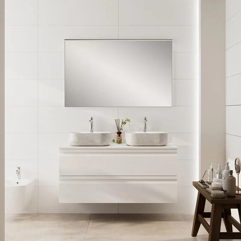 Mobile Pull L120 H55 P45bianco opaco laccato 2 cassetti a chiusura ammortizzata e top per lavabo in appoggio, piedini non inclusi