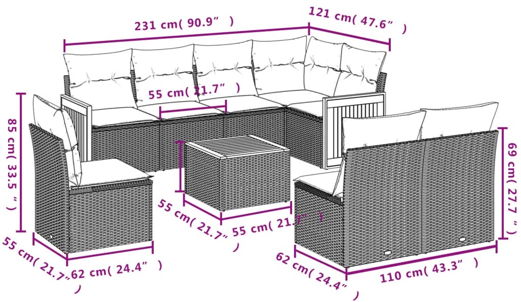 Set Divani da Giardino 9 pz con Cuscini Nero in Polyrattan