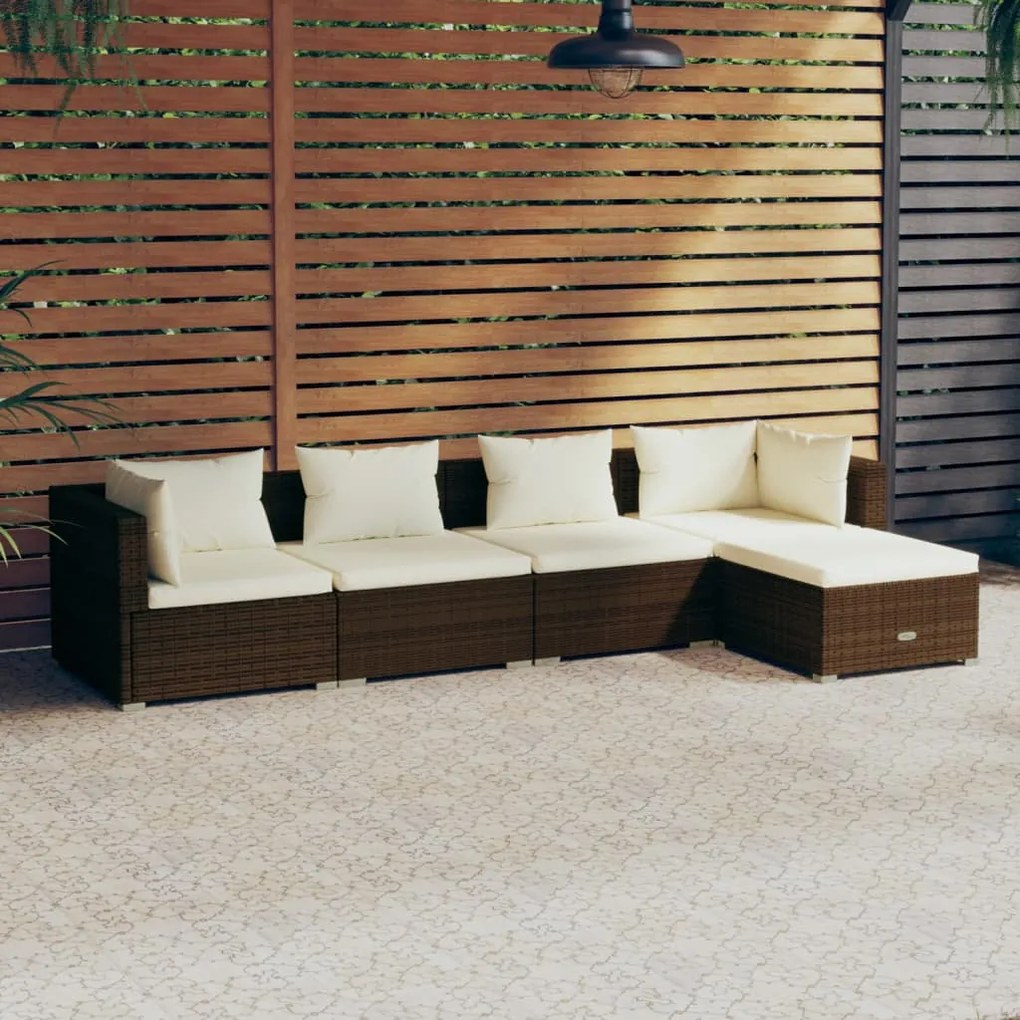 Set divani da giardino 5 pz con cuscini in polyrattan marrone