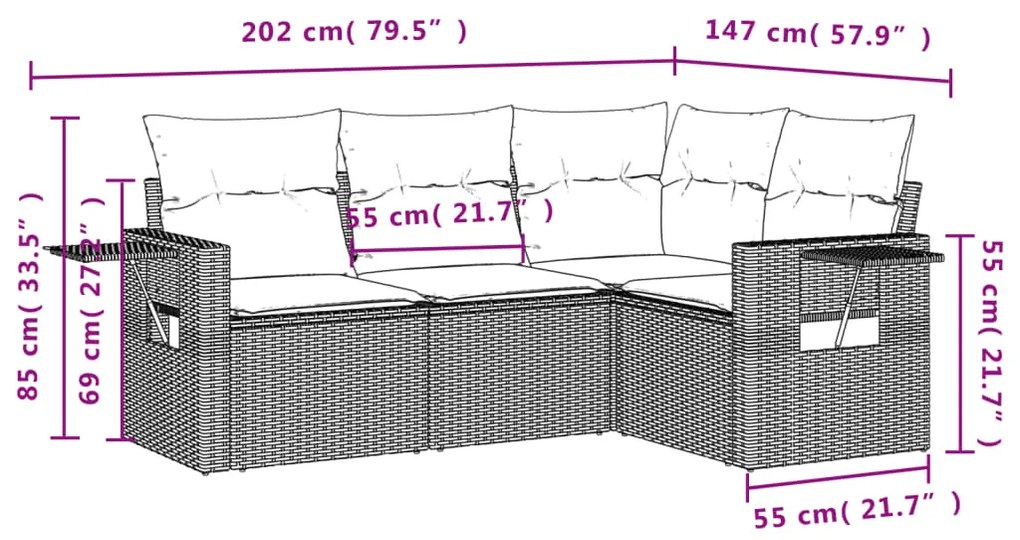 Set divano da giardino 4 pz con cuscini marrone in polyrattan