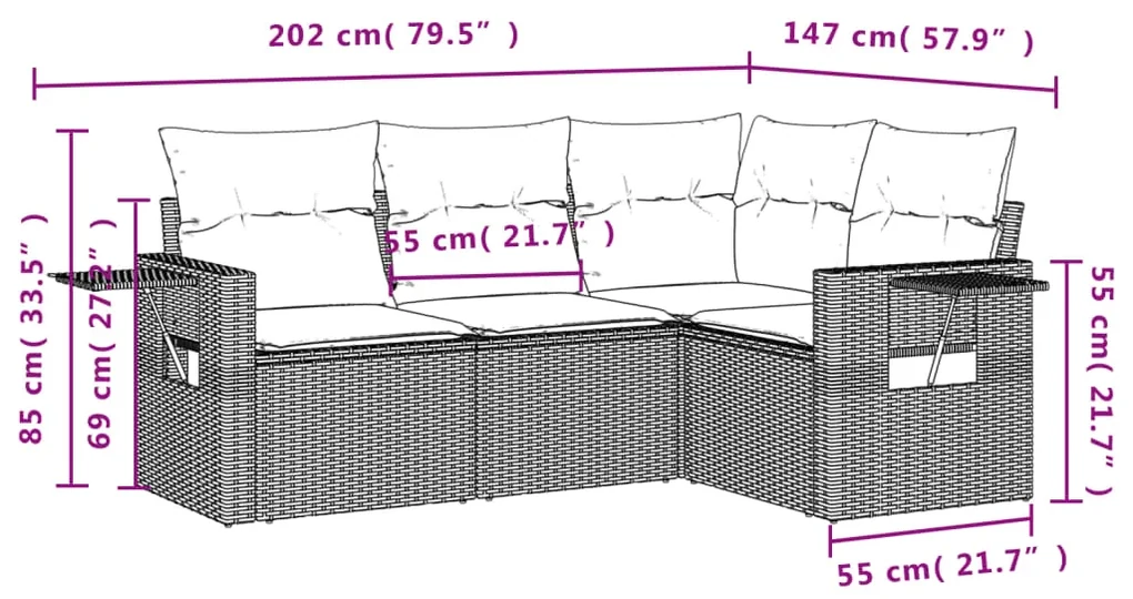 Set divano da giardino 4 pz con cuscini marrone in polyrattan