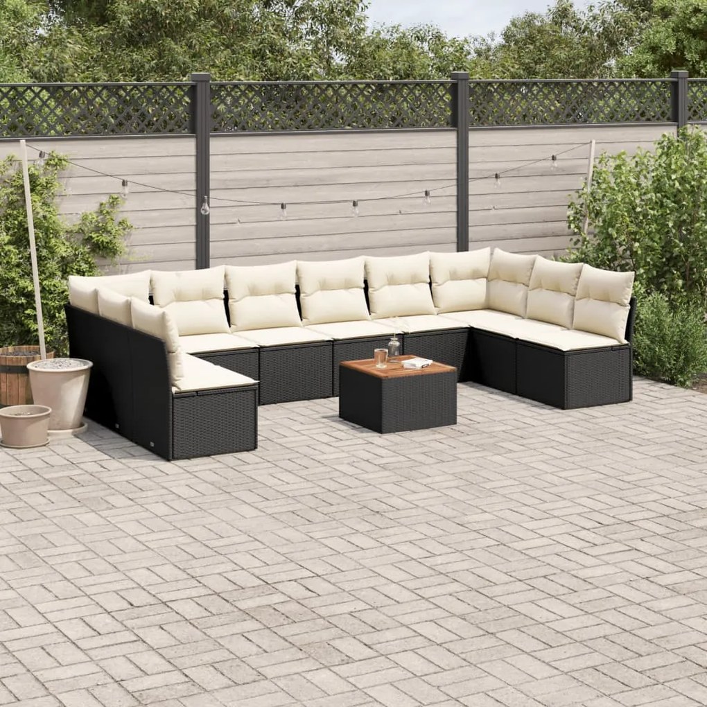 Set divani da giardino 11 pz con cuscini in polyrattan nero