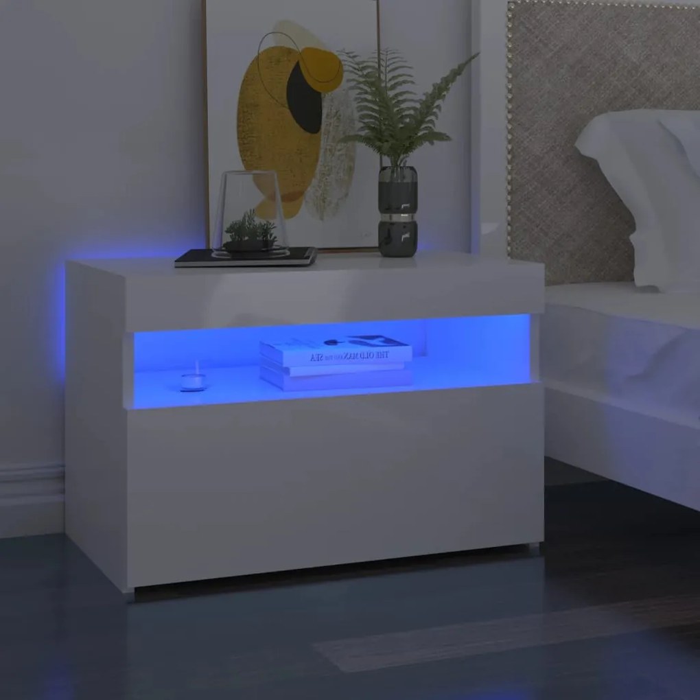 Comodini Con Luci Led 2 Pz Bianco Lucido 60x35x40 Cm /