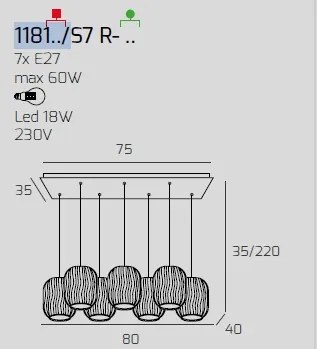 Sospensione bianco 7 luci rettangolare vetri 3x tr + 4x bf 1181bi-s...