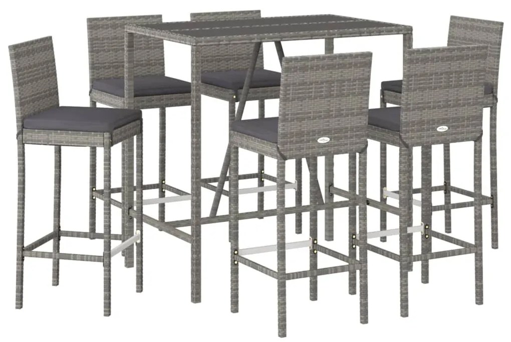 Set Bar da Giardino 7 pz con Cuscini in Polyrattan Grigio