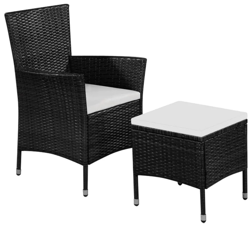 Sedia da esterno con sgabello e cuscini in polyrattan nero