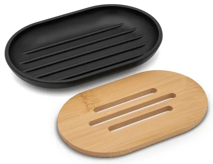 Set completo accessori bagno da appoggio in abs nero e bamboo Surf