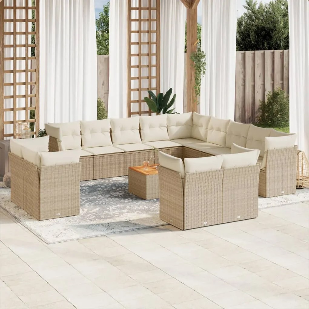 Set divani da giardino 14pz con cuscini in polyrattan beige