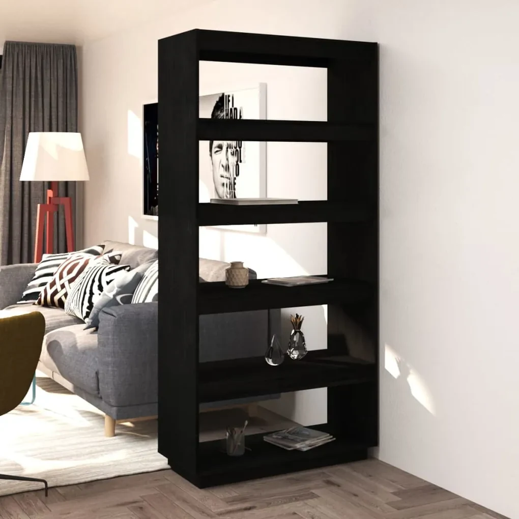 Libreria/divisorio nero 80x35x167 cm in massello di pino