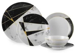 Set da tavola 24 pezzi, nero/bianco/oro, in porcellana