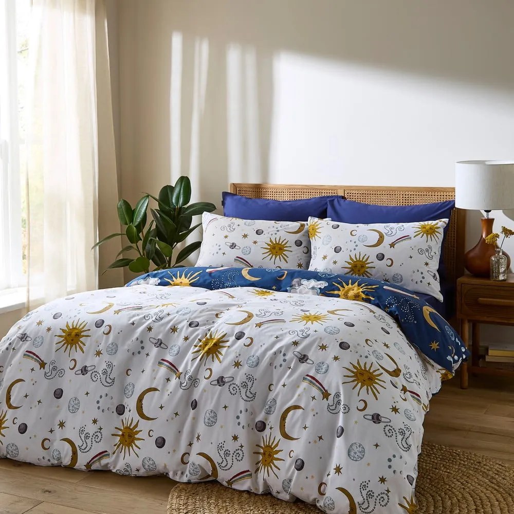 Set copripiumino e federa bianco e blu in cotone per letto matrimoniale 200x200 cm Disco Space – Their Nibs