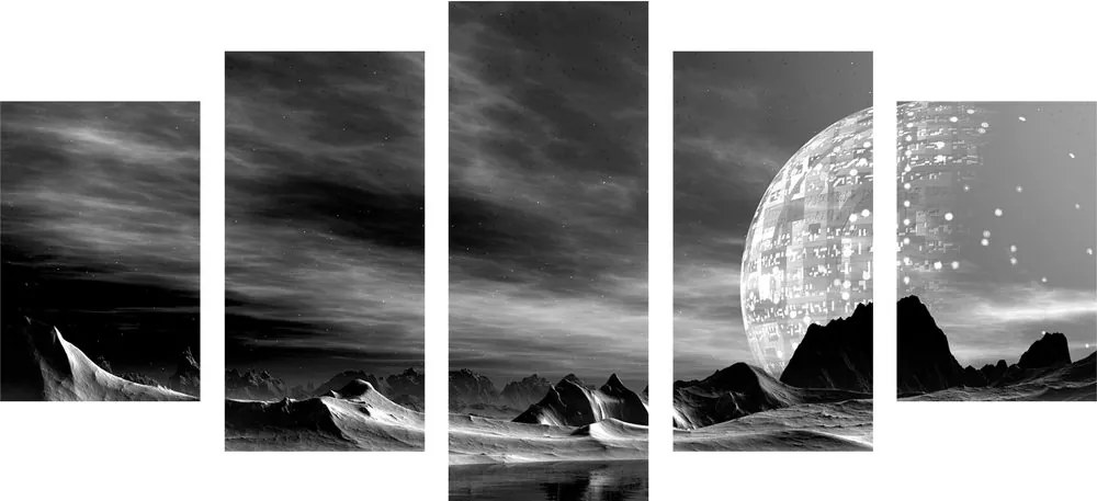 Quadri 5 pezzi – Pianeta futuristico in bianco e nero