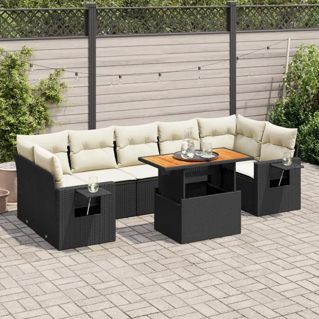 Set divani da giardino con cuscini 8 pz nero in polyrattan
