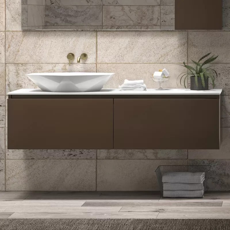 Mobile bagno sospeso 155 cm con piano da appoggio in solid surface bianco e doppio cassetto SP-155 - KAMALU