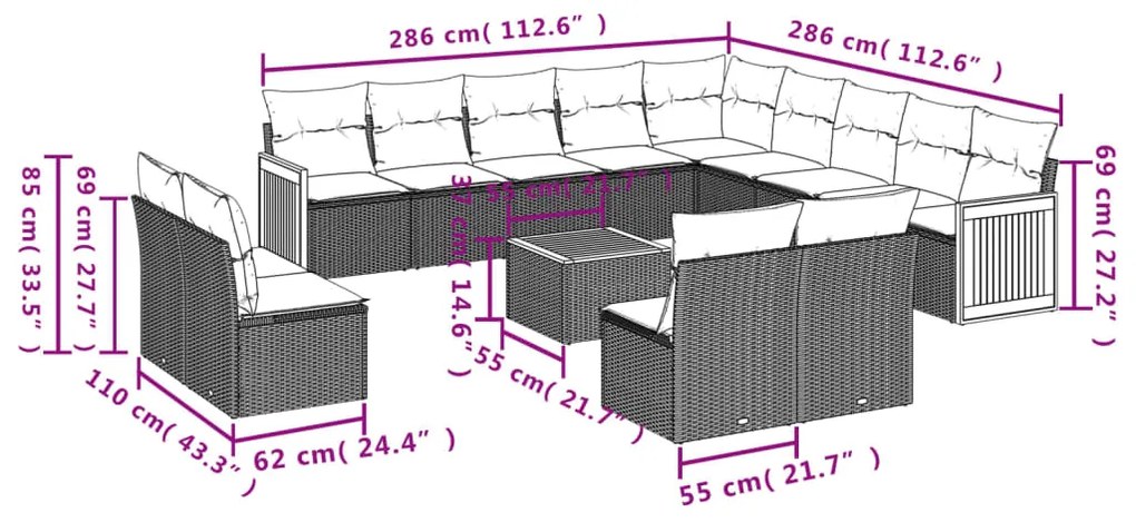 Set Divani da Giardino 14pz con Cuscini in Polyrattan Grigio