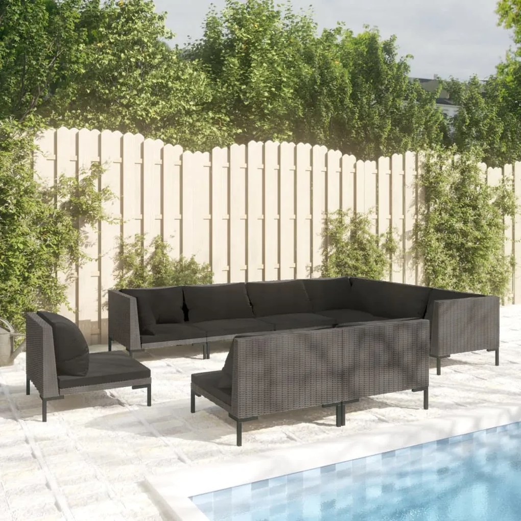 Set Divani da Giardino 9 pz con Cuscini Polyrattan Grigio Scuro