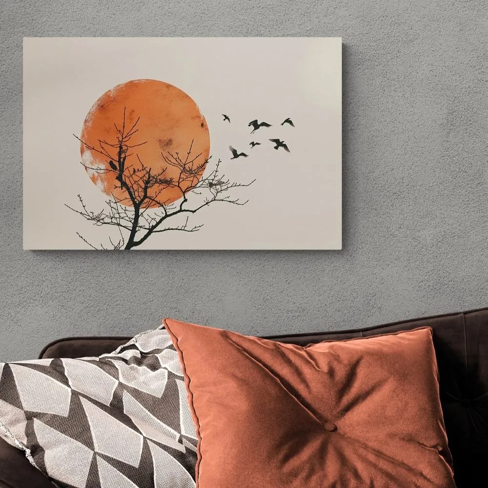Quadro su tela – Japandi luna con stormo di uccelli