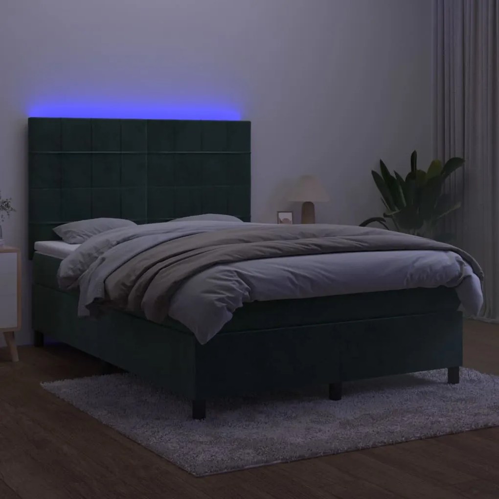 Letto a molle con materasso e led verde scuro 140x190cm velluto