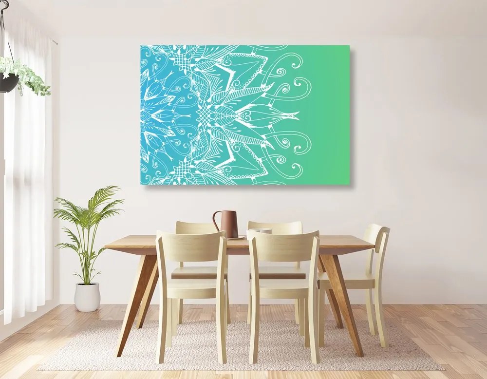 Quadro su tela – Mandala bianco su sfondo verde acqua