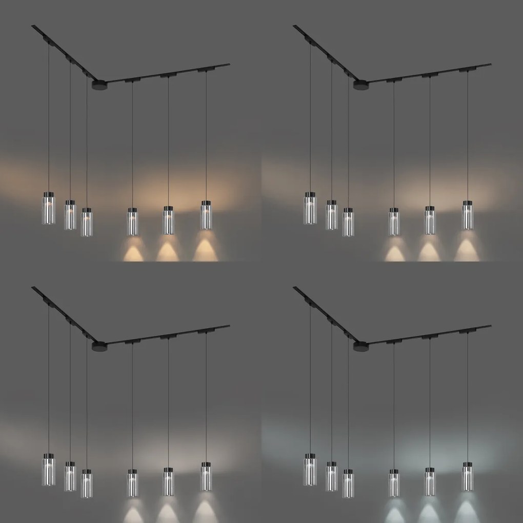 Sistema di illuminazione su binario moderno con 6 faretti a sospensione neri monofase - Magnetic Vance