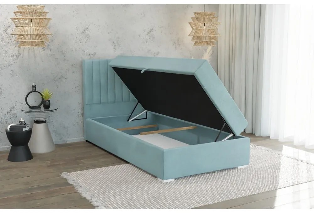 Letto singolo imbottito con contenitore azzurro con materasso e topper inclusi 100x200 cm Bunny – Ropez
